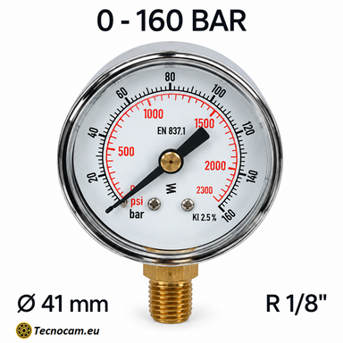 Manometro a secco 0–160 bar con cassa metallica Ø 41 mm e attacco radiale maschio R 1/8 BSPT