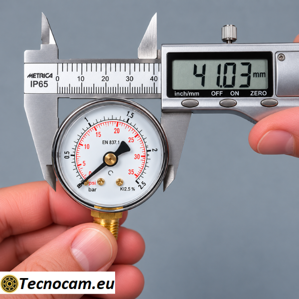 Misurazione con calibro della cassa Ø 41 mm del manometro a secco 0–2,5 bar con attacco radiale R 1/8 BSPT