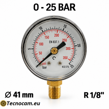 Manometro a secco 0–25 bar con cassa metallica Ø 41 mm e attacco radiale maschio R 1/8 BSPT