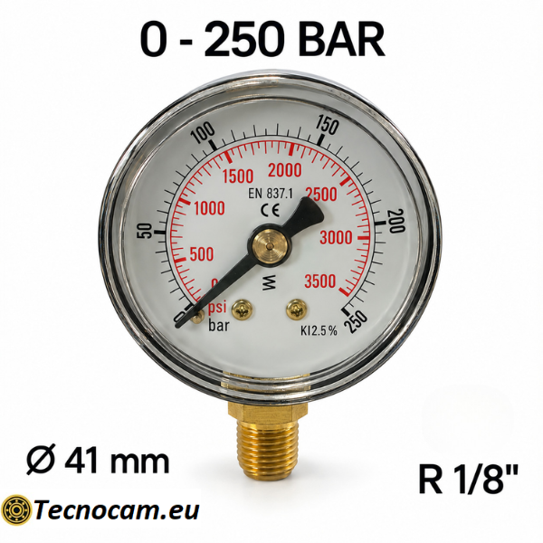 Manometro a secco 0–250 bar con cassa metallica Ø 41 mm e attacco radiale maschio R 1/8 BSPT