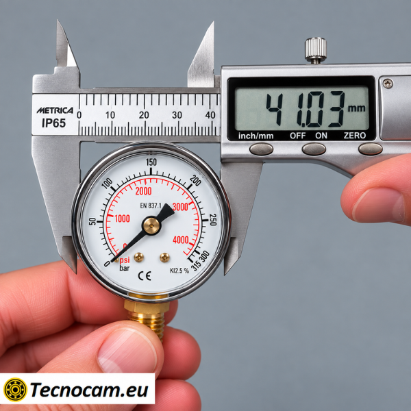 Misurazione con calibro della cassa Ø 41 mm del manometro a secco 0–315 bar con attacco radiale R 1/8 BSPT