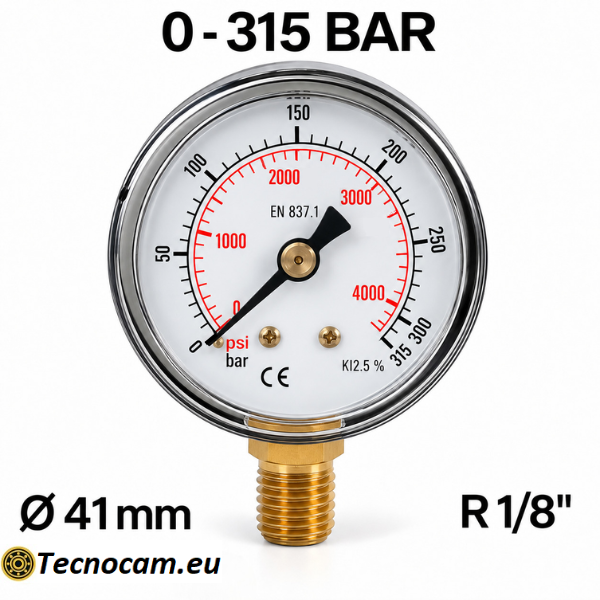 Manometro a secco 0–315 bar con cassa metallica Ø 41 mm e attacco radiale maschio R 1/8 BSPT