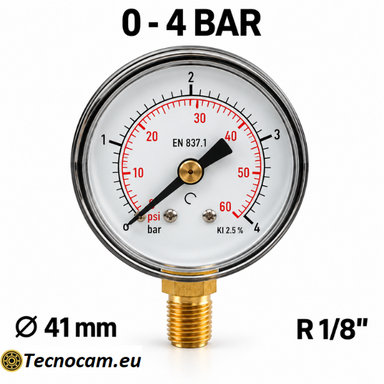 Manometro a secco 0–4 bar con cassa metallica Ø 41 mm e attacco radiale maschio R 1/8 BSPT