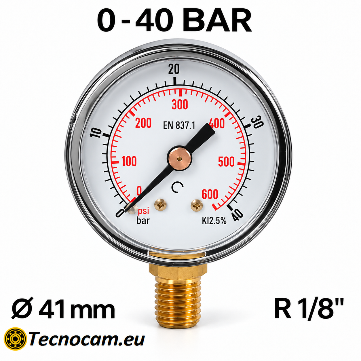 Manometro a secco 0–40 bar con cassa metallica Ø 41 mm e attacco radiale maschio R 1/8 BSPT
