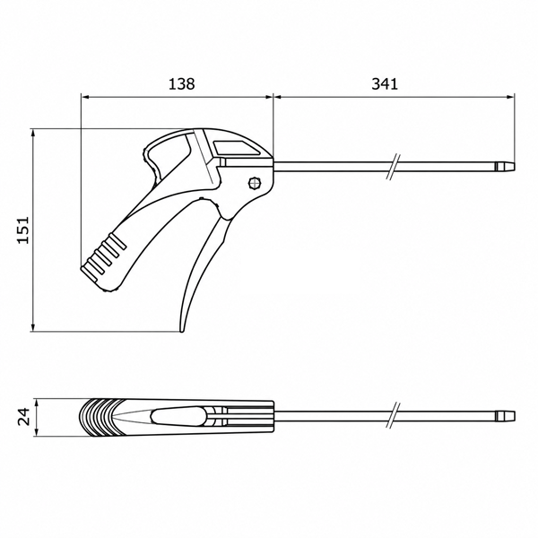 Disegno tecnico della pistola di soffiaggio per aria compressa a canna lunga: corpo 138 × 151 mm, canna 341 mm e larghezza 24 mm
