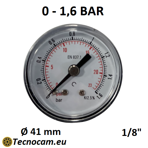 Manomètre à sec, échelle 0-1 bar, raccord arrière mâle pour gaz 1/8". 