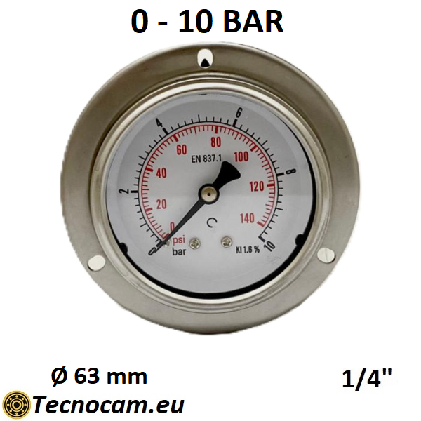 Manometro a SECCO Scala 0-10 Bar, con FLANGIA e Attacco Posteriore Maschio Gas 1/4" serie MANXPFSG