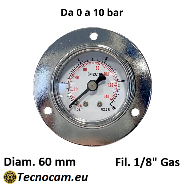 Manometro a SECCO Scala 0-10 Bar, con FLANGIA e Attacco Posteriore Maschio Gas 1/8" Serie MAN40PFSG