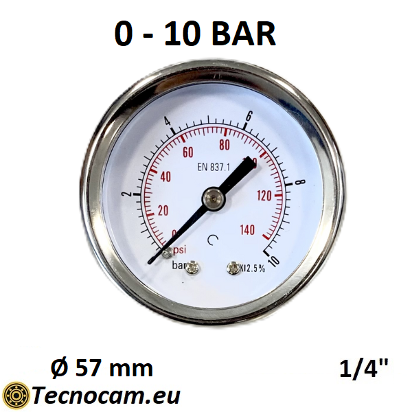 Manomètre à sec, échelle 0-10 bar, boîtier 50 mm, raccord gaz mâle arrière 1/4", série MANX50PSG