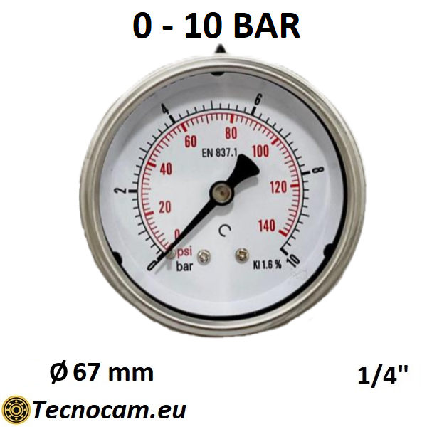 Manometro a SECCO Scala 0-10 Bar, Attacco Posteriore Maschio Gas 1/4" serie MANXPSG