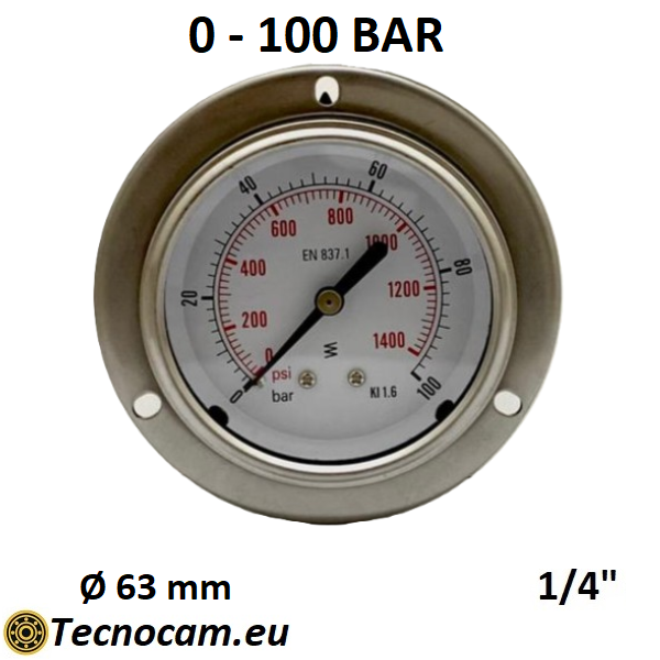 Manometro a SECCO Scala 0-100 Bar, con FLANGIA e Attacco Posteriore Maschio Gas 1/4" serie MANXPFSG