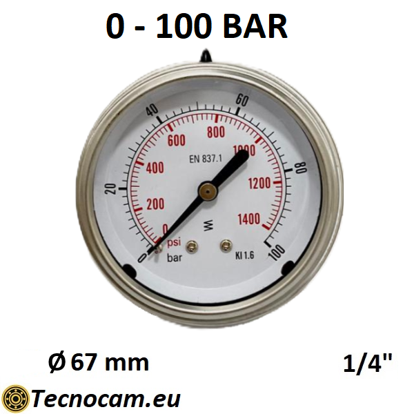 Manometro a SECCO Scala 0-100 Bar, Attacco Posteriore Maschio Gas 1/4" serie MANXPSG