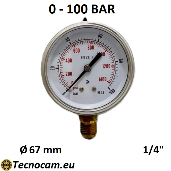 Trockenmanometer, Messbereich 0–100 bar, 1/4"-Außengewinde-Gasanschluss