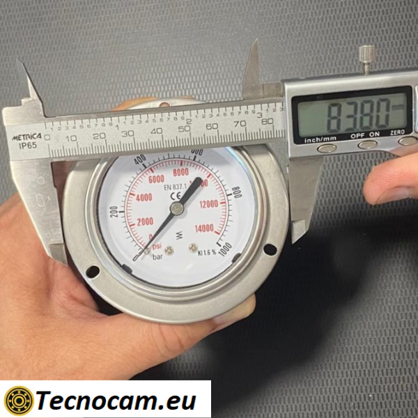 Trockenmanometer, Skala 0–1000 bar, mit Flansch und 1/4"-Außengewinde-Gasanschluss hinten