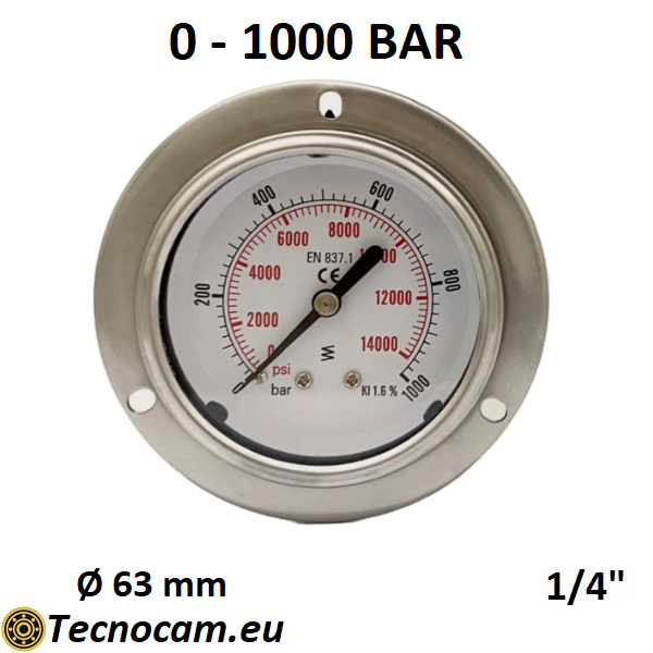 Trockenmanometer, Skala 0–1000 bar, mit Flansch und 1/4"-Außengewinde-Gasanschluss hinten