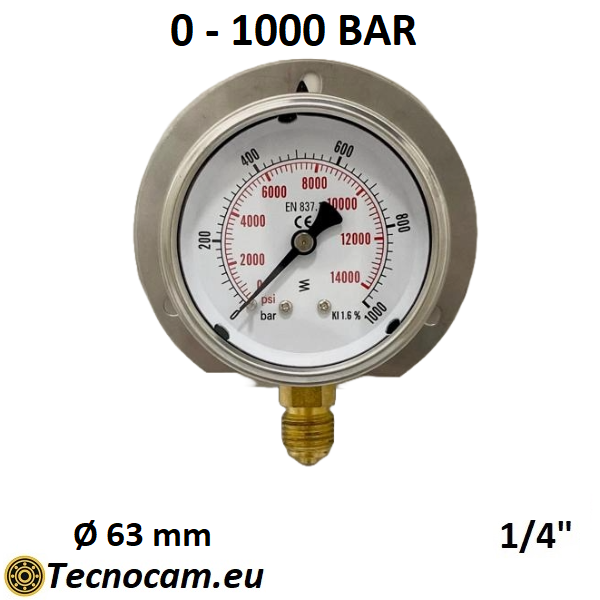 Manometro a SECCO Scala 0-1000 Bar, con FLANGIA e Attacco Radiale Maschio Gas 1/4" serie MANXRFSG