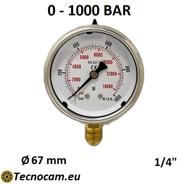 Manometro a SECCO Scala 0-1000 Bar, Attacco Radiale Maschio Gas 1/4" serie MANXRSG