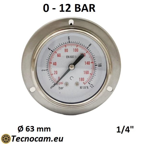 Trockenmanometer, Skala 0–12 bar, mit Flansch und 1/4"-Außengewinde-Gasanschluss hinten
