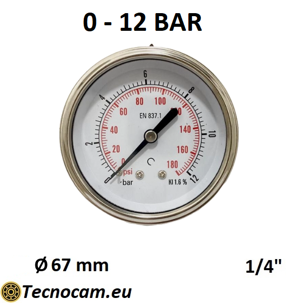 Manometro a SECCO Scala 0-12 Bar, Attacco Posteriore Maschio Gas 1/4" serie MANXPSG