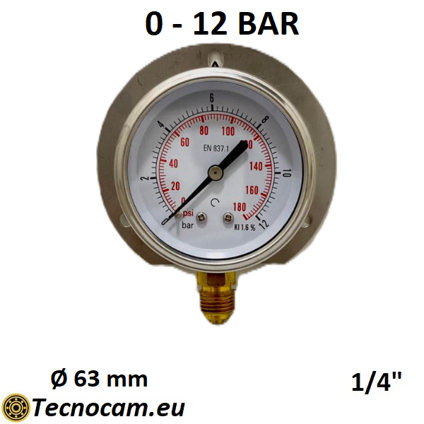 Manometro a SECCO Scala 0-12 Bar, con FLANGIA e Attacco Radiale Maschio Gas 1/4" serie MANXRFSG