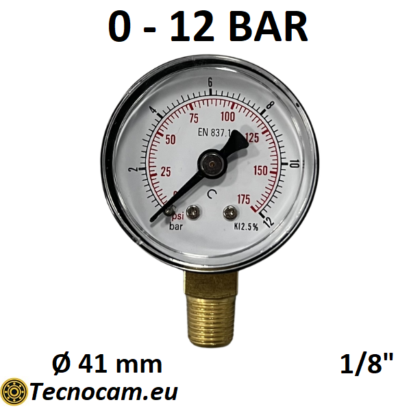 Manomètre à sec, échelle 0-4 bar, raccord arrière mâle pour gaz 1/8". 