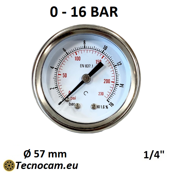 Manomètre à sec, échelle 0-16 bar, boîtier 50 mm, raccord arrière mâle 1/4", série MANX50PSG