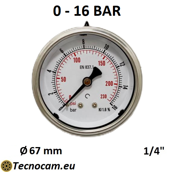 Manometro a SECCO Scala 0-16 Bar, Attacco Posteriore Maschio Gas 1/4" serie MANXPSG