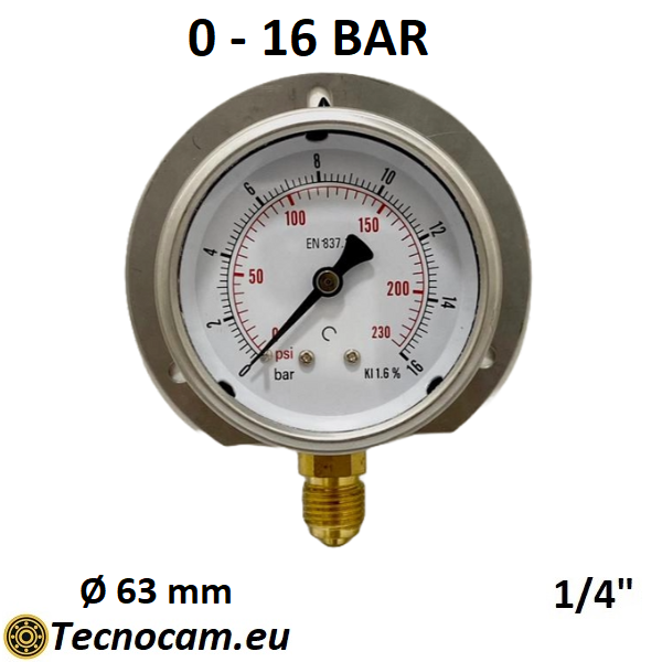 Manometro a SECCO Scala 0-16 Bar, con FLANGIA e Attacco Radiale Maschio Gas 1/4" serie MANXRFSG