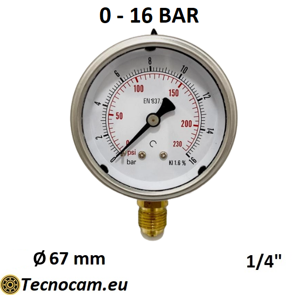 Manometro a SECCO Scala 0-16 Bar, Attacco Radiale Maschio Gas 1/4" serie MANXRSG