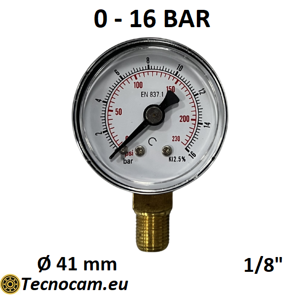 Manomètre à sec, échelle 0-4 bar, raccord arrière mâle pour gaz 1/8". 