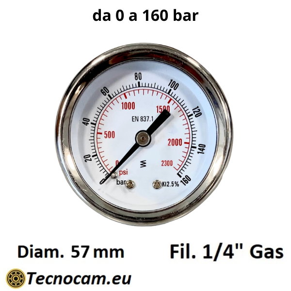 Manometro a SECCO Scala 0-160 Bar, Cassa 50 mm, Attacco Posteriore Maschio Gas 1/4" serie MANX50PSG