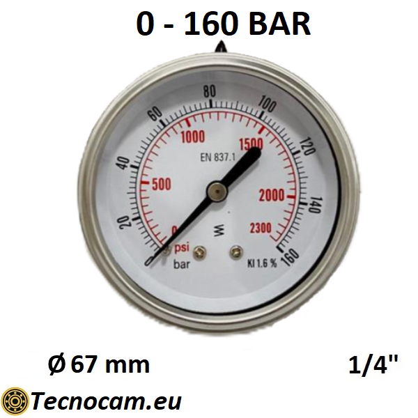 Manometro a SECCO Scala 0-160 Bar, Attacco Posteriore Maschio Gas 1/4" serie MANXPSG