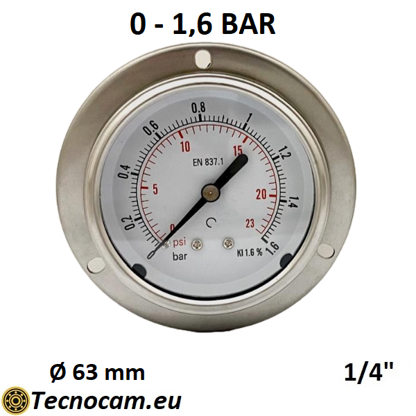 Trockenmanometer, Skala 0–1,6 bar, mit Flansch und 1/4"-Außengewinde-Gasanschluss hinten