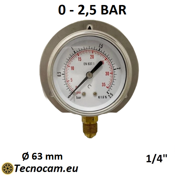 Trockenmanometer, Skala 0–2,5 bar, mit Flansch und 1/4"-Außengewinde-Gasanschluss