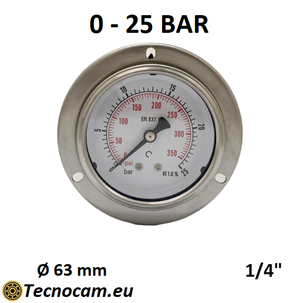 Trockenmanometer, Skala 0–25 bar, mit Flansch und 1/4"-Außengewinde-Gasanschluss hinten