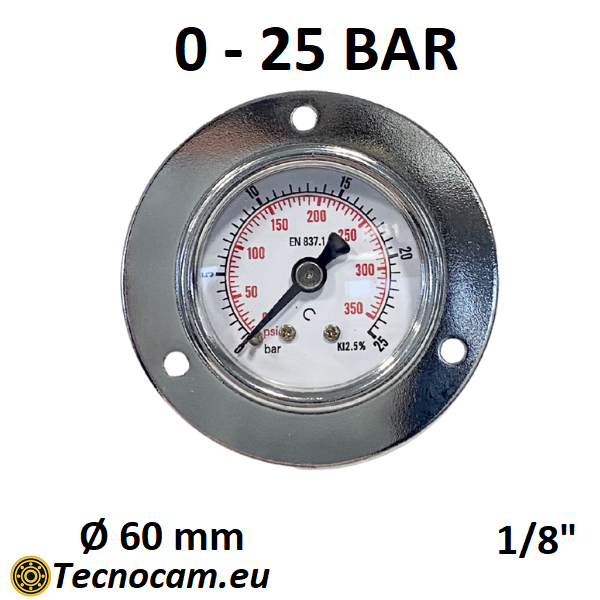 Manomètre à sec, échelle 0-25 bar, avec bride et raccord arrière mâle pour gaz 1/8", série MAN40PFSG