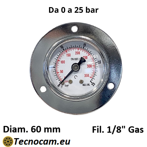 Manometro a SECCO Scala 0-25 Bar, con FLANGIA e Attacco Posteriore Maschio Gas 1/8" Serie MAN40PFSG