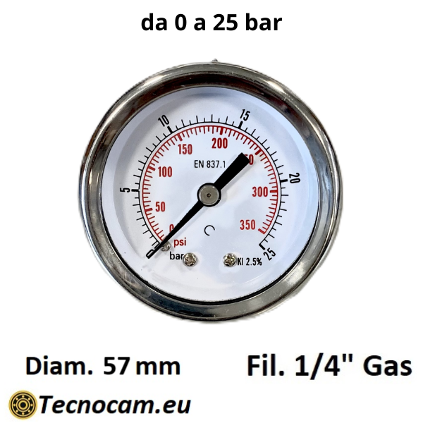 Manometro a SECCO Scala 0-25 Bar, Cassa 50 mm, Attacco Posteriore Maschio Gas 1/4" serie MANX50PSG