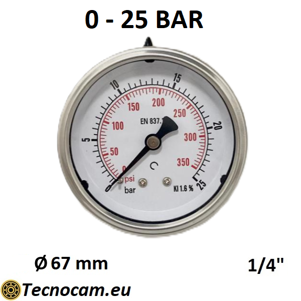 Manometro a SECCO Scala 0-25 Bar, Attacco Posteriore Maschio Gas 1/4" serie MANXPSG