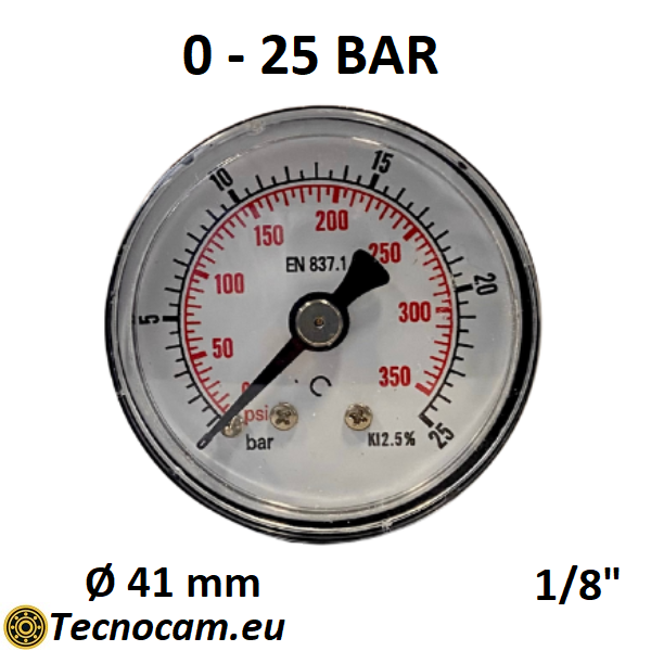 Manomètre à sec, échelle 0-25 bar, raccord arrière mâle pour gaz 1/8". 