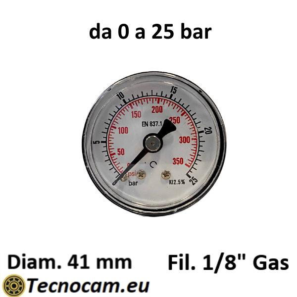 Trockenmanometer, Skala 0–25 bar, 1/8"-Außengewinde-Gasanschluss hinten 