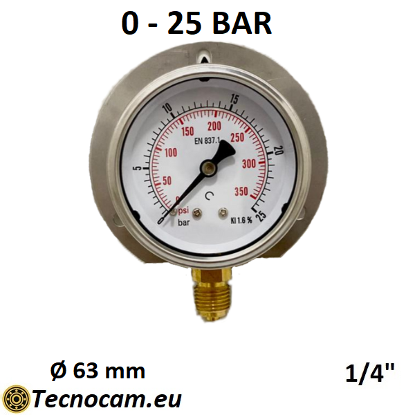 Manometro a SECCO Scala 0-25 Bar, con FLANGIA e Attacco Radiale Maschio Gas 1/4" serie MANXRFSG