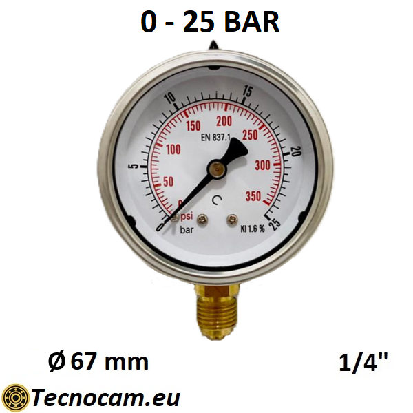 Manometro a SECCO Scala 0-25 Bar, Attacco Radiale Maschio Gas 1/4" serie MANXRSG