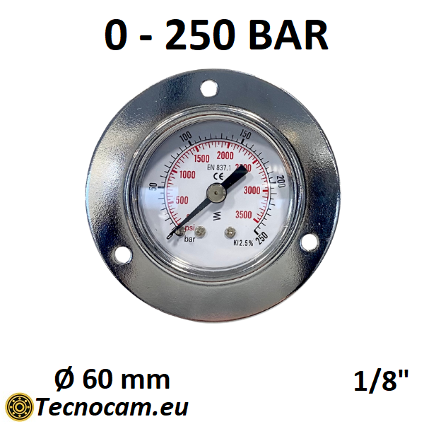 Manomètre à sec, échelle 0-250 bar, avec bride et raccord arrière mâle gaz 1/8", série MAN40PFSG