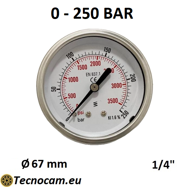 Manometro a SECCO Scala 0-250 Bar, Attacco Posteriore Maschio Gas 1/4" serie MANXPSG