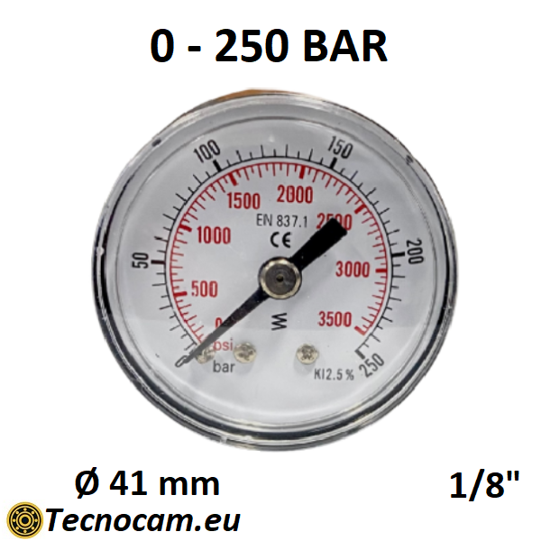Manomètre à sec, échelle 0-250 bar, raccord arrière mâle pour gaz 1/8". 