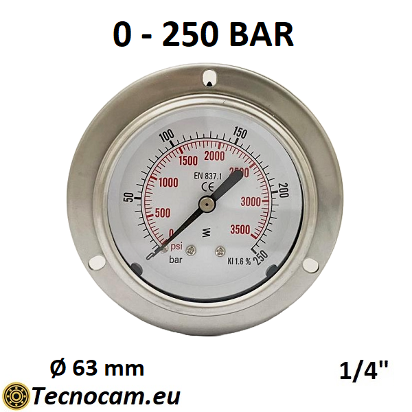Trockenmanometer, Skala 0–250 bar, mit Flansch und 1/4"-Außengewinde-Gasanschluss hinten