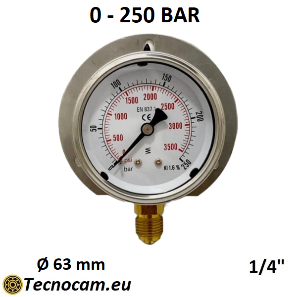 Manometro a SECCO Scala 0-250 Bar, con FLANGIA e Attacco Radiale Maschio Gas 1/4" serie MANXRFSG