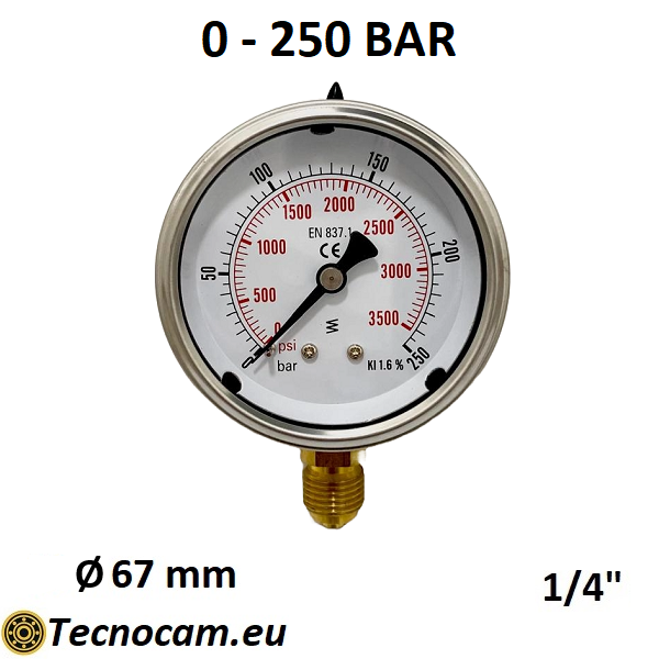 Manometro a SECCO Scala 0-250 Bar, Attacco Radiale Maschio Gas 1/4" serie MANXRSG