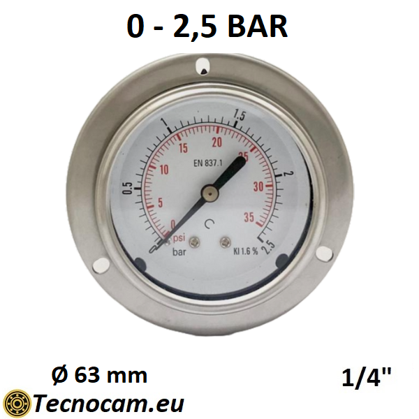 Manometro a SECCO Scala 0-2,5 Bar, con FLANGIA e Attacco Posteriore Maschio Gas 1/4" serie MANXPFSG